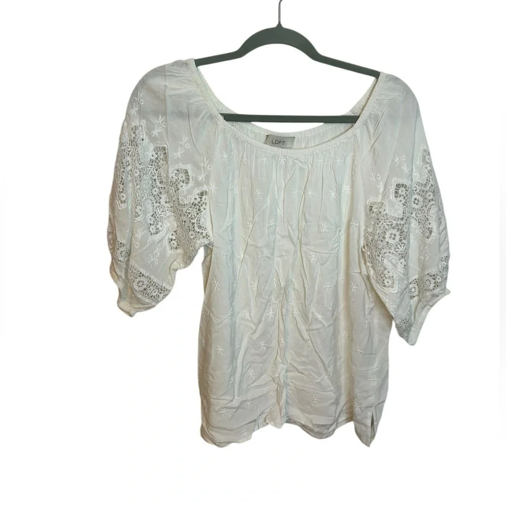 Nwt Loft White Embroidered Puff Eyelet Sleeve Cottagecore Blouse